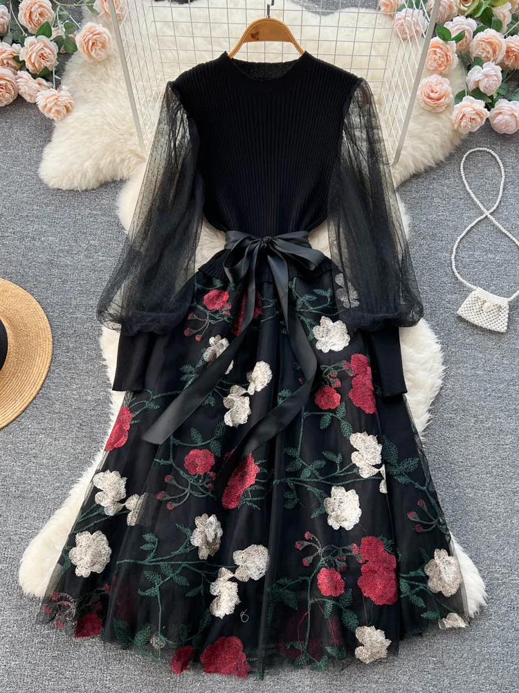 Imagem -03 - Ewq-vestido de Manga Comprida com Lanterna de Malha Feminina Cintura Alta Patchwork Linha a Estilo Doce Primavera Inverno Novo 2023 Sn5020