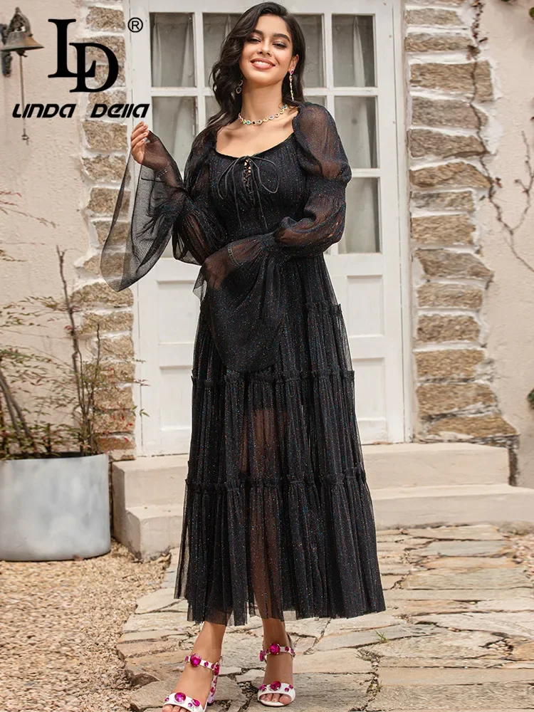 LD LINDA DELLA New Fashion Runway Summer Dress Women Square collar Flare Sleeve Balck Long vintage Party Dress