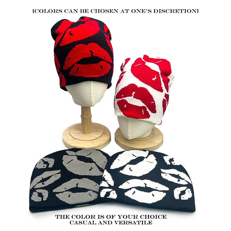 Warm Color Block Fashion American Beanies Hip Hop Versatile Ins New Men Women Personal Fully Printed Jacquard Lips Knitted Hats