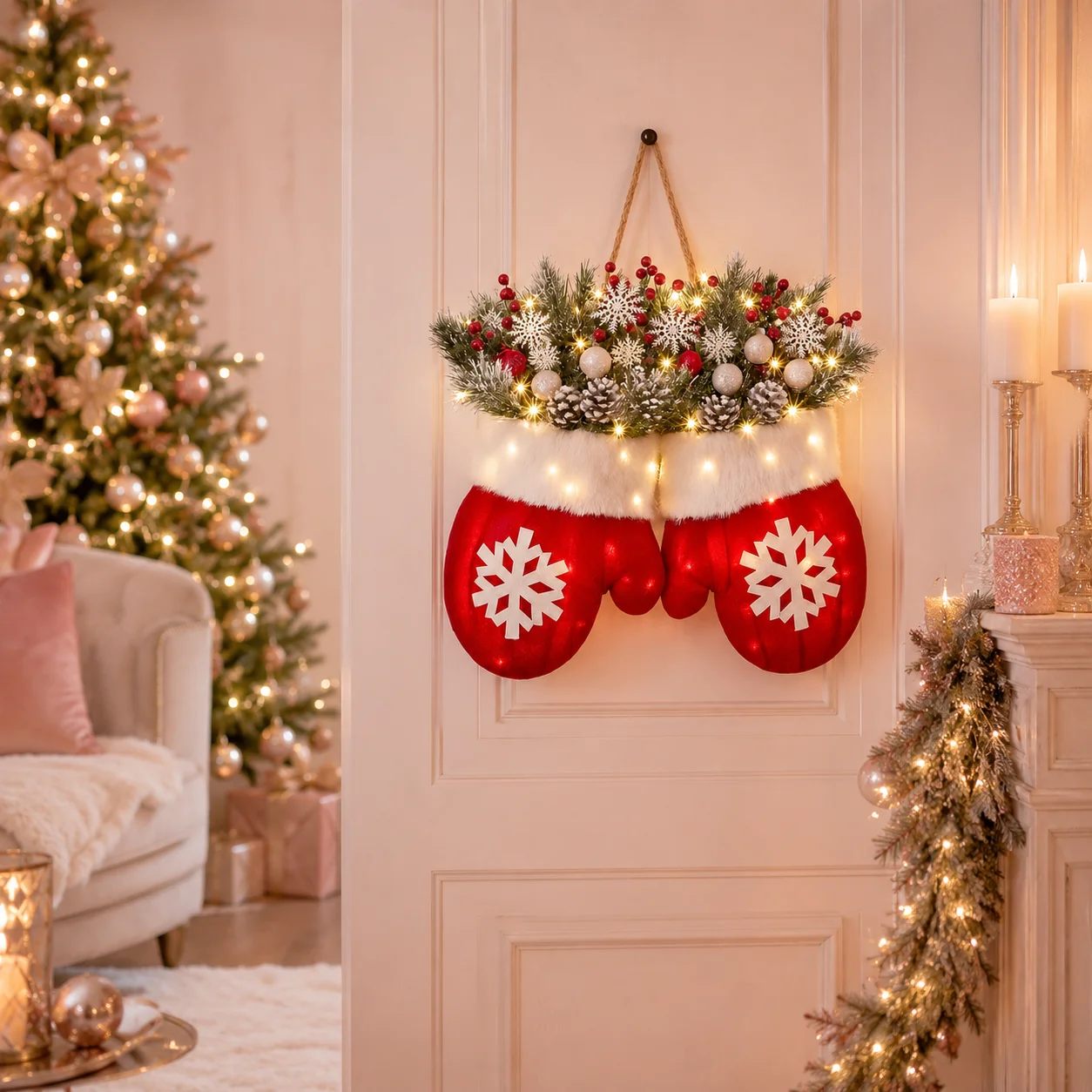 Warm LED Christmas Glove Garland Hanging Mitten Wreath With Snowflakes Greenery And Red Berries For Front Door Decoration