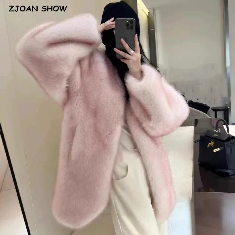 Winter CHIC O neck Pink With Gray Fox Faux Fur Coat Women Full sleeve Warm Shaggy Oversized Jacket Loose BF Outerwear Yellow