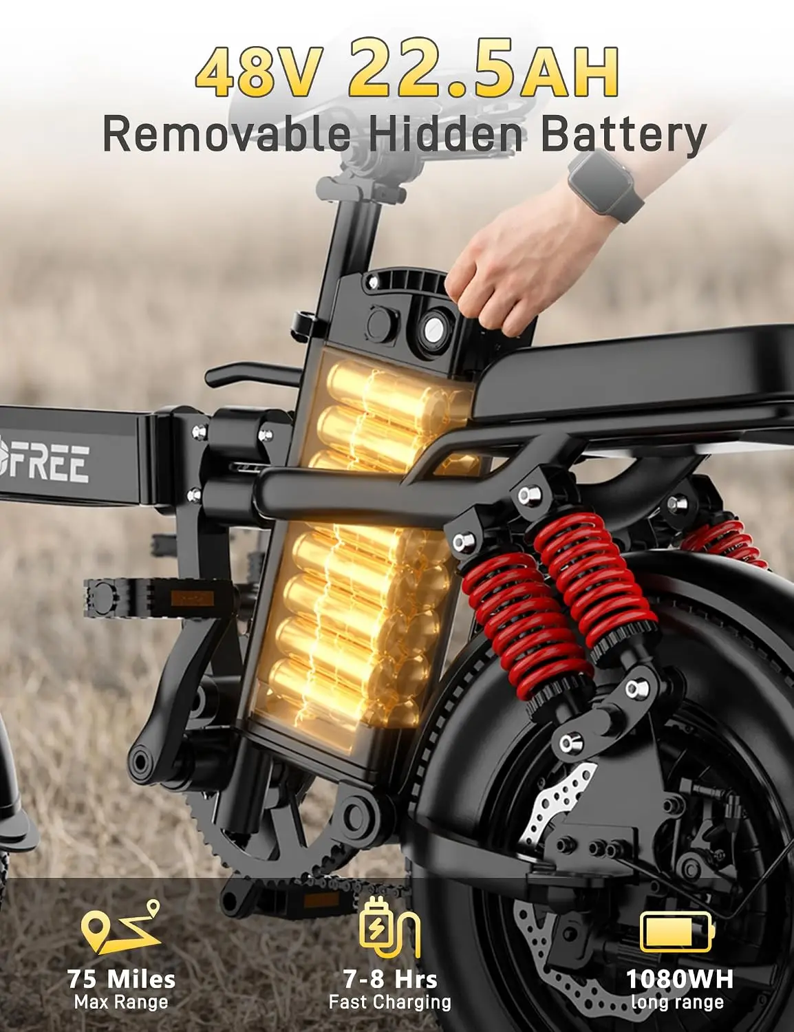 Folding Electric Bike Adults 750W Motor 48V 22.5Ah Battery 75 Miles Range Fat Tire Commuter E-bike, Customized