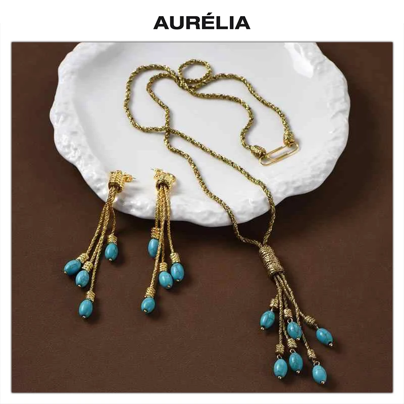 

Vintage Jewelry Natural Turquoise Brass Gold Plated Tassel Earrings Necklace Women Top Quality Jewelry Accessories Trend