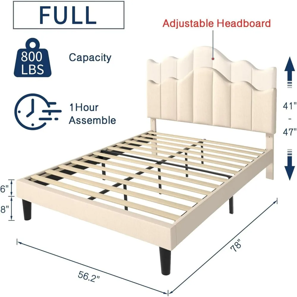 

Full Size Upholstered Platform Bed Frame Adjustable Headboard,Wood Slat Support and NoiseFree,No Box Spring Needed,Easy Assembly