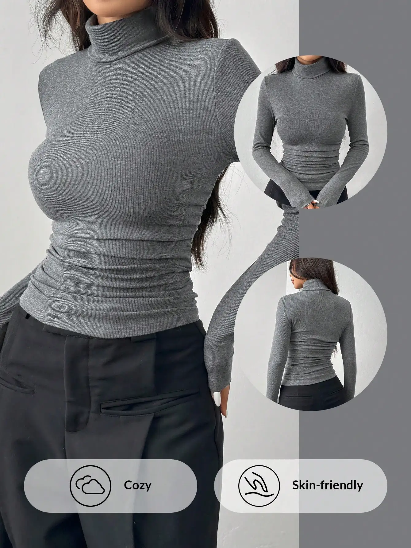 

Women's High Neck Long Sleeve Fitted Ribbed Top - Cozy Skin-Friendly Grey Minimalist T-Shirt for Casual Everyday Wear