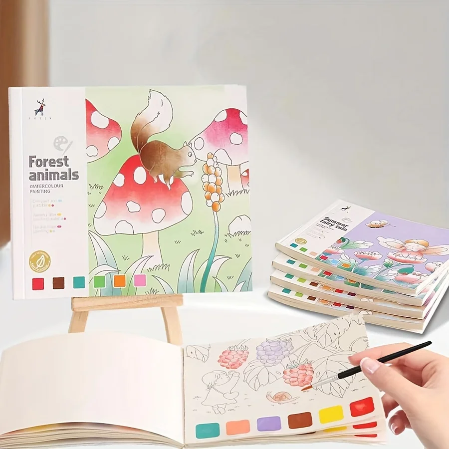 Kids Watercolor Coloring Book Forest Animals Vintage Vehicles Drawing Book with Brush Watercolor Paper Sketchbook for Children