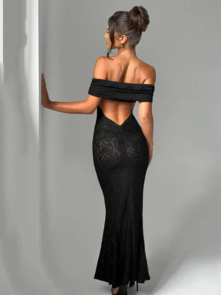 Fashion Lace Chest Hugging Dresses Spring Women Slash Neck Backless Mermaid Dress New Summer High Waist Slim Ankle Length Dress