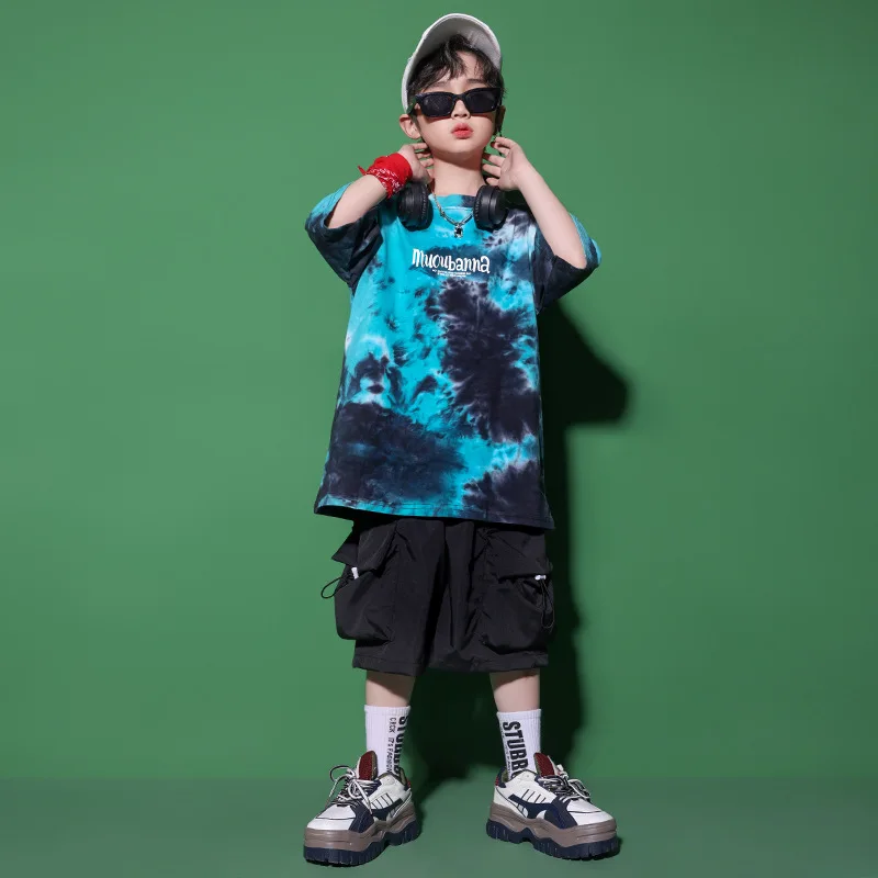 

Футболка хлопковая с принтом для мальчиков, повседневные шорты, свободный костюм в стиле хип-хоп для современных джазовых танцев, одежда для выступлений в стиле K-POP для подростков, на лето