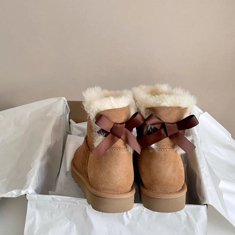 HQF UG Top Quality 100% Sheep Fur Snow Boots BOW Back Wool Lined Flat Ankle Winter Women Warm Outdoor Shoes Waterproof Size44 45