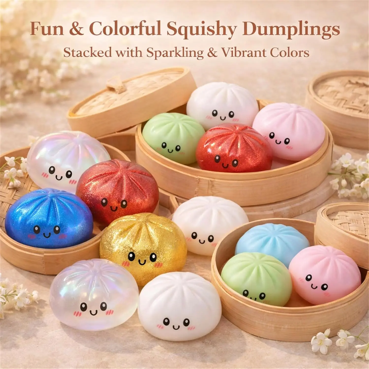 Mainan Squishy Pangsit Berkilau dengan Kotak, Mainan Sensorik Lembut untuk Meredakan Stres, Mainan Fidget Pangsit Lucu Slow Rising, Hadiah untuk Anak-anak dan Dewasa