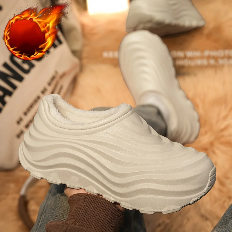 Wave-Patterned Slippers for Men and Women, with Fleece Lining, Eva One-Piece Waterproof Thick Sole, Non-Slip, Suitable for Autumn and Winter, for Home and Outdoor Use, Warm Cotton Shoes