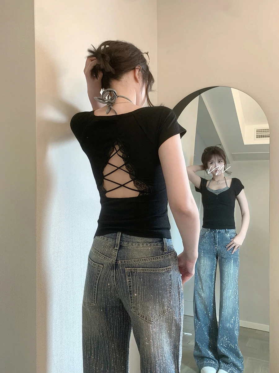 ReddaChic ICON 라인 석 장식 여성 청바지 파티 반짝이 수염 높은 허리 와이드 캐주얼 바지 바지 레트로 Y2k 의류