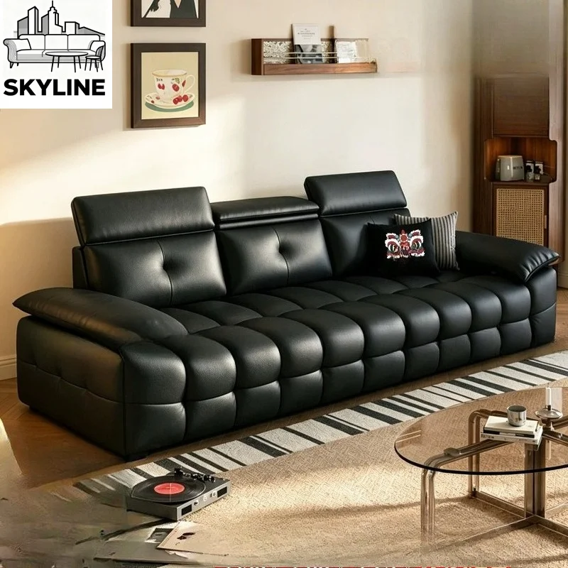 Sophisticated Italian Minimal Piano Key Stitched Top-grain Cowhide Sofa  Straight Leather Couch Versatile Furnish