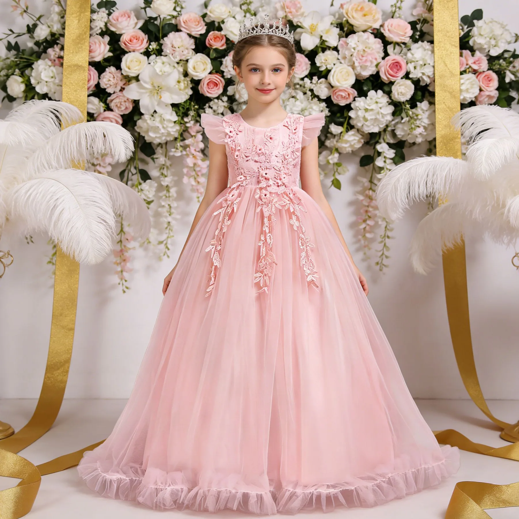 

Children's Elegant Evening Dress Ball Gown Flower Girl Wedding Princess Dress Lace Embroidery Long Dress Girls Birthday Dress
