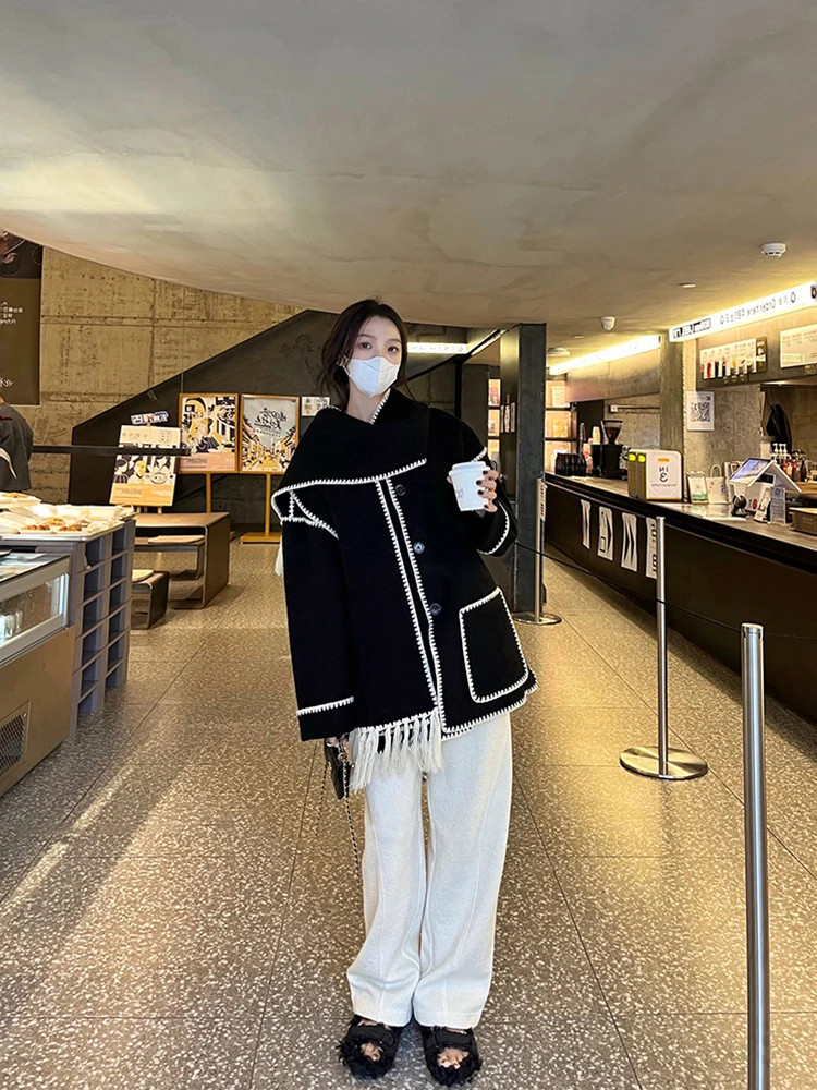 

Autumn Winter Hepburn Sle Woolen Coat Small Fraance Wind Tweed Jaet Women Thi oulder Cloak Midi Length High End Fee...