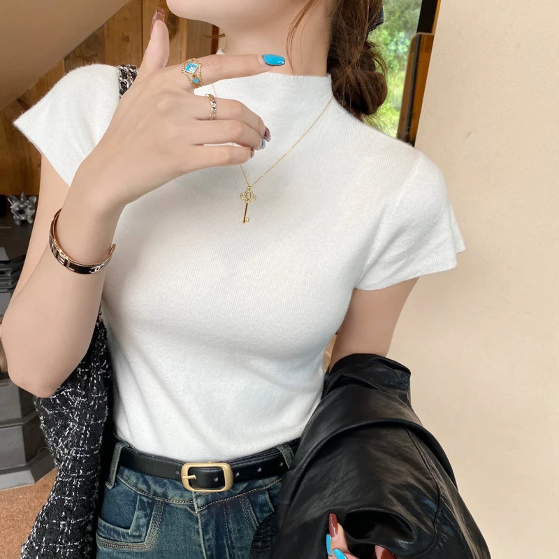 

Knitted Sweater Women Pullovers New Long Sleeve Mock Neck White Knit Sweater Pullover Women Tops Sweaters Sueters De Mujer Q1274