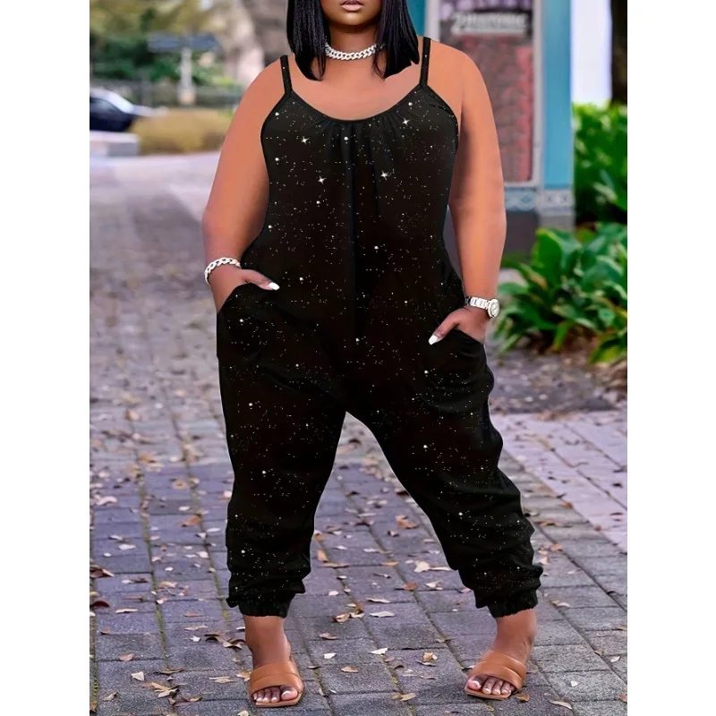 พลัสขนาดผู้หญิง 1XL-5XL แฟชั่นลําลองสีทึบสบาย Suspender Jumpsuit