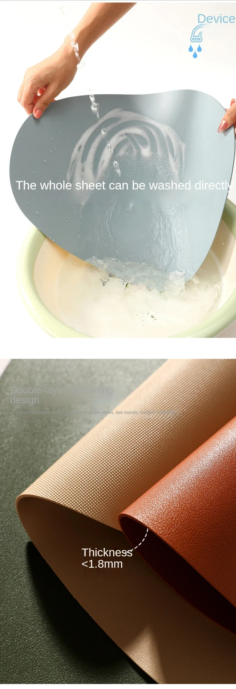 Wassertropfenförmiges Tischset aus veganem Leder, hitzebeständig, rutschfest, umweltfreundlich, doppelseitiges Design für Ess-, Geschenke- und Außenbereich – Detail 3