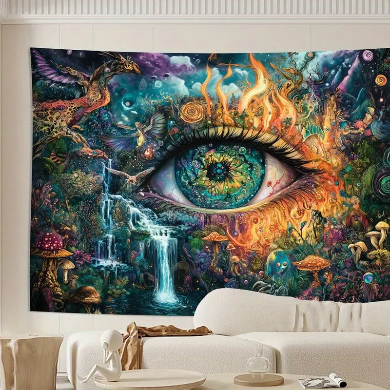 VIKAMA Psychedelic Giant Eye Waterfall Poisonous Mushroom Phoenix Fantasy Forest Tapestry Background Room Decoration