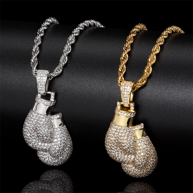 Fashion Personality Hip Hop Boxing Gloves Pendant Necklace for Men Exquisite Zircon Trendsetter Geometric Jewelry Accessories