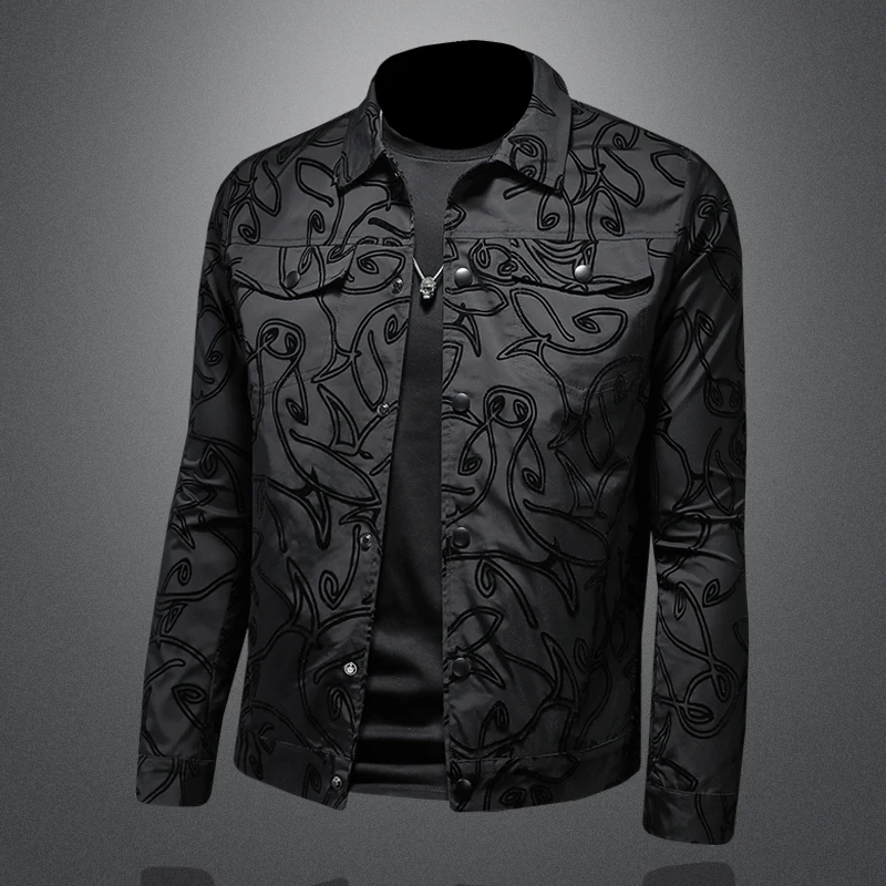 Korean style fashionable jacket, slim fit printed handsome jacket, plus size men's lapel single breasted jacket M-5XL