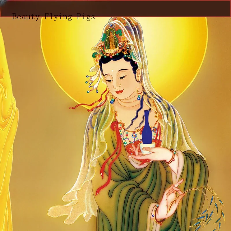 Customized Chinese Style Silk Cloth Scroll Painting of The Amitabha Avalokitesvara Statue of The Three Saints of The West