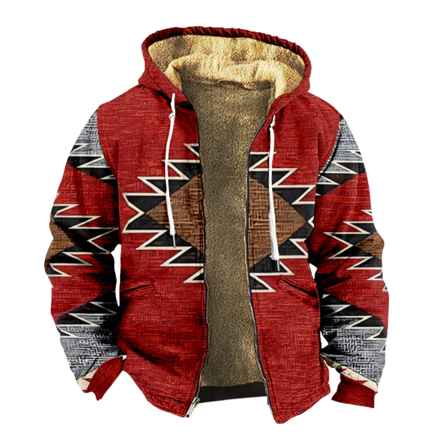 

Men's and women's thick wool hooded double-layer jackets, retro printed street zippers for winter and autumn, keep warm outdoors