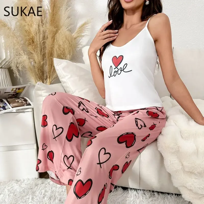 SUKAE Summer New Sleeveless Slip Wide Leg Pants Pajamas Set for Women Nightwear Sweet Heart Printing Milk Silk Sling Pajamas Set