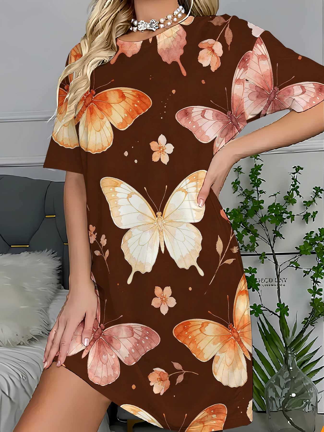 

Boho Print Long Sleep T-Shirt Dress Women Vintage Knit Summer Nightgown