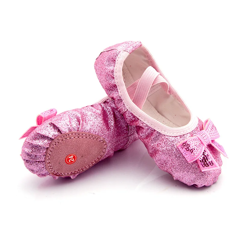 Shiny Pink Blue Bowknot Kids Shoes for Girl Geritide Dance Flat Dancing Shoe with Sequins for Girls