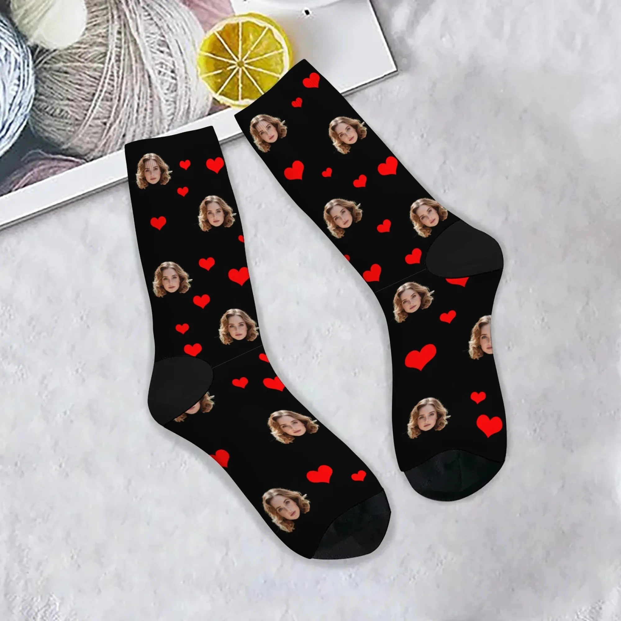 

DIY custom photo socks with personalized faces and hearts are perfect as Valentine's Day, anniversary, and birthday gifts.