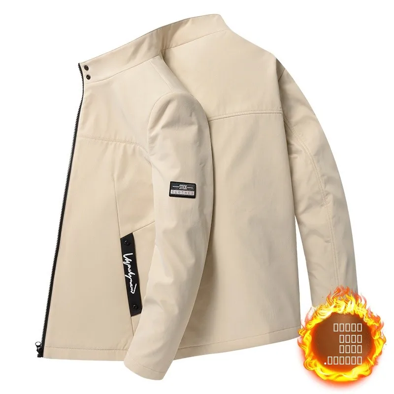 

Trendy Men's Autumn Winter Jaet Korean Sle Slim Fit Fce Lined Stand Collar Zipper Closure Long Sve Pure Color Versa...