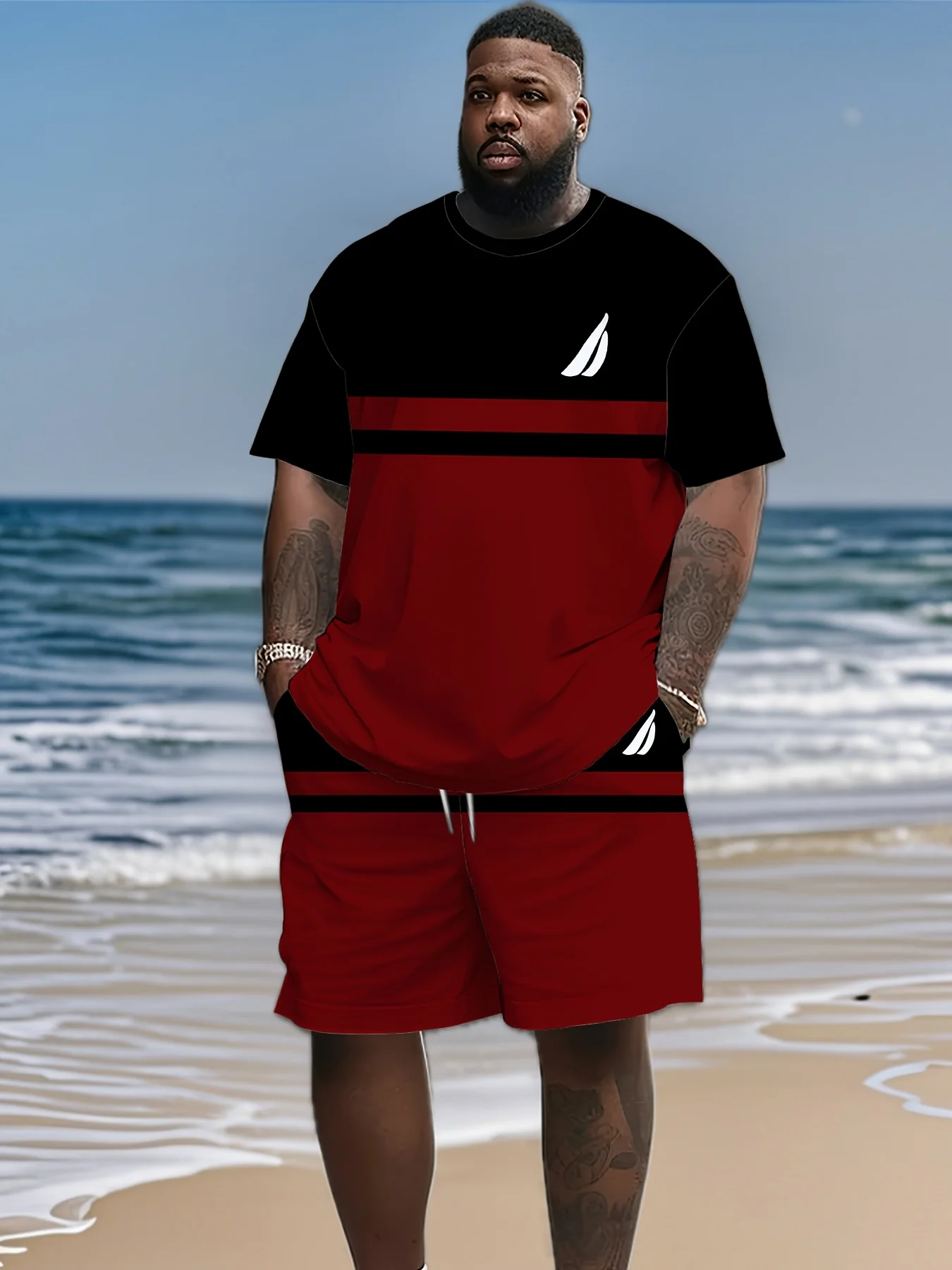 

Men's Two-Tone Color Block Minimalist Athletic Casual Drawstring Breathable Shorts Short Sleeve Moisture Wicking Matching Set
