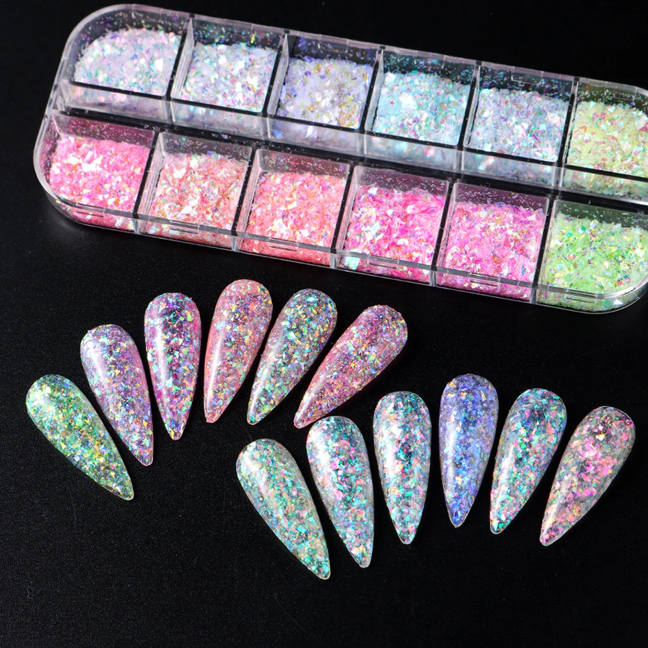 12 Gitter Aurora Chamäleon Nagelglitzerflocken Unregelmäßiges Kristallglas Paillettenpulver Glänzende Meerjungfrau Paillette Nail Art Dekoration