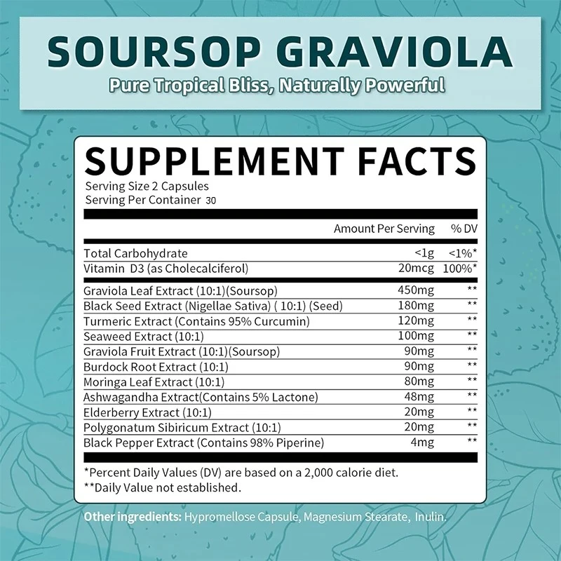 11 in 1 Sour Fruit, Containing Moringa, Black Seeds, Turmeric, and Fruit Supplements, Intestinal Health Support, 60 Capsules
