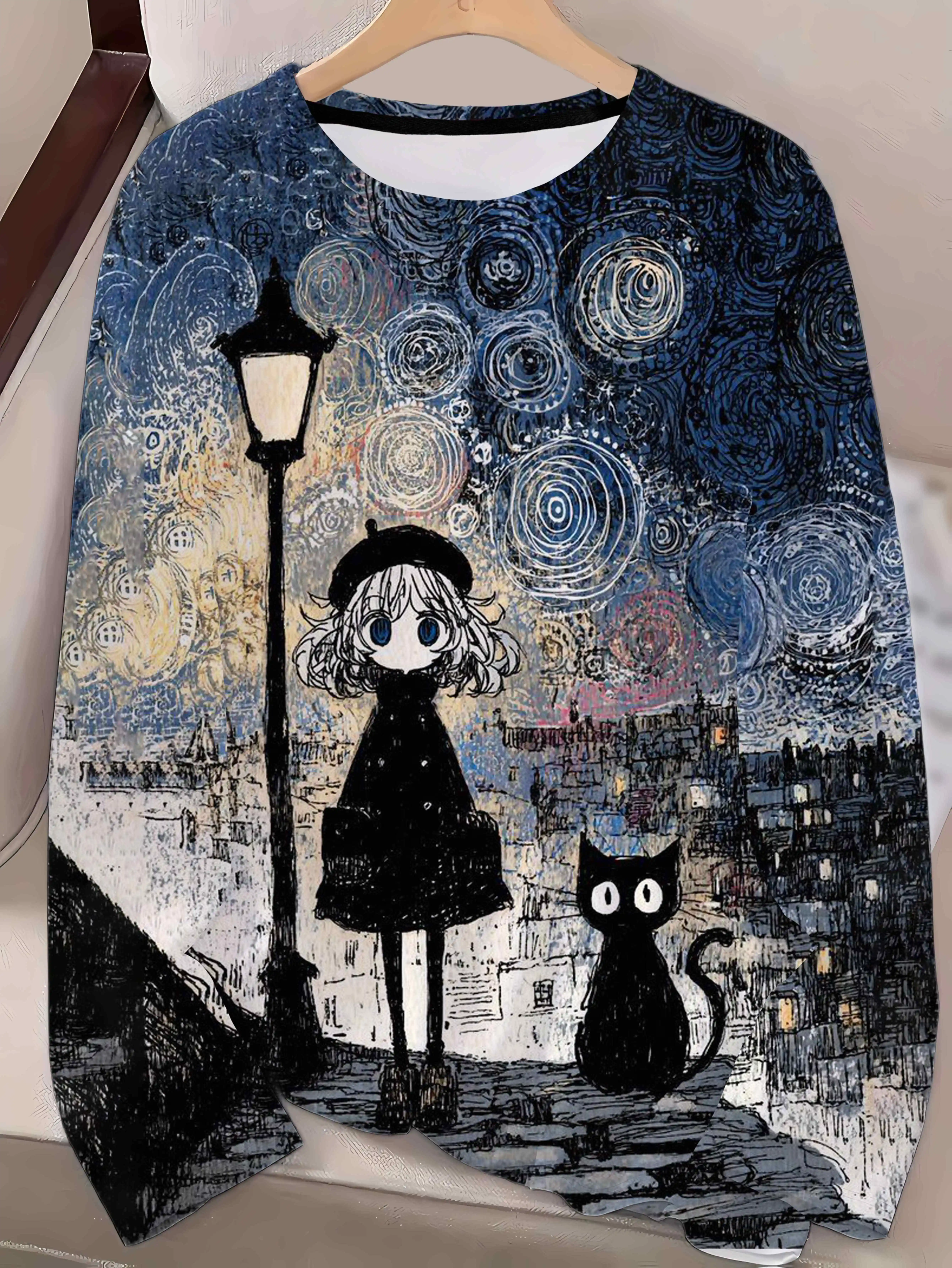 Women's Starry Night Print Sweatshirt Navy Blue Little Girl Black Cat Art Long Sleeve Crew Neck Casual Pullover Painting Top