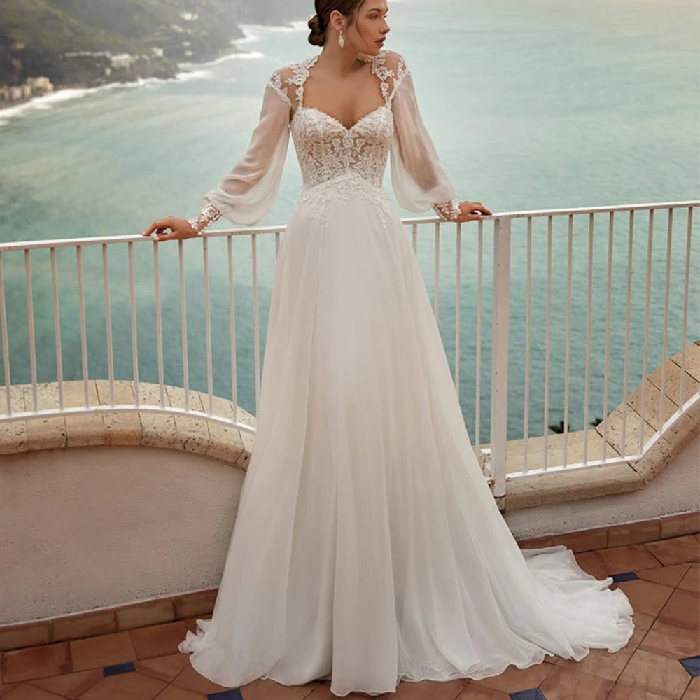 Two Piece Bride Wedding Dress Sweetheart A-Line Floor Length with Applique Tulle and Chiffon Long Sleeves Jacket Custom Gowns