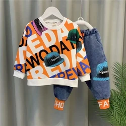 Children's Autumn Set Boys Baby Clothes Set New Long Sleeve Printed Sweater Pants 2 Pieces Spring and Autumn Clothing