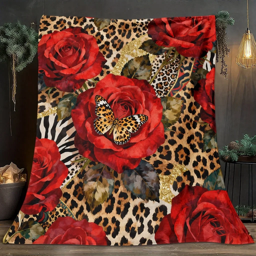 Boho Leopard Print Rose Butterfly Throw Blanket 150x200cm Jungle Floral Tapestry Bed Cover Couch Decorative Throw for Sofa