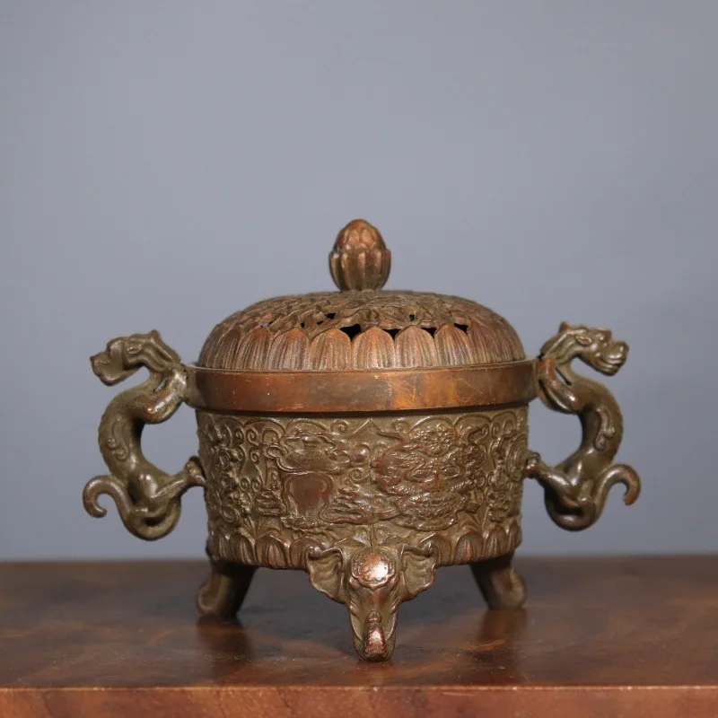 HYS pure copper double dragon ear elephant foot incense burner, eight-treasure burner, three-legged incense burner, vintage home