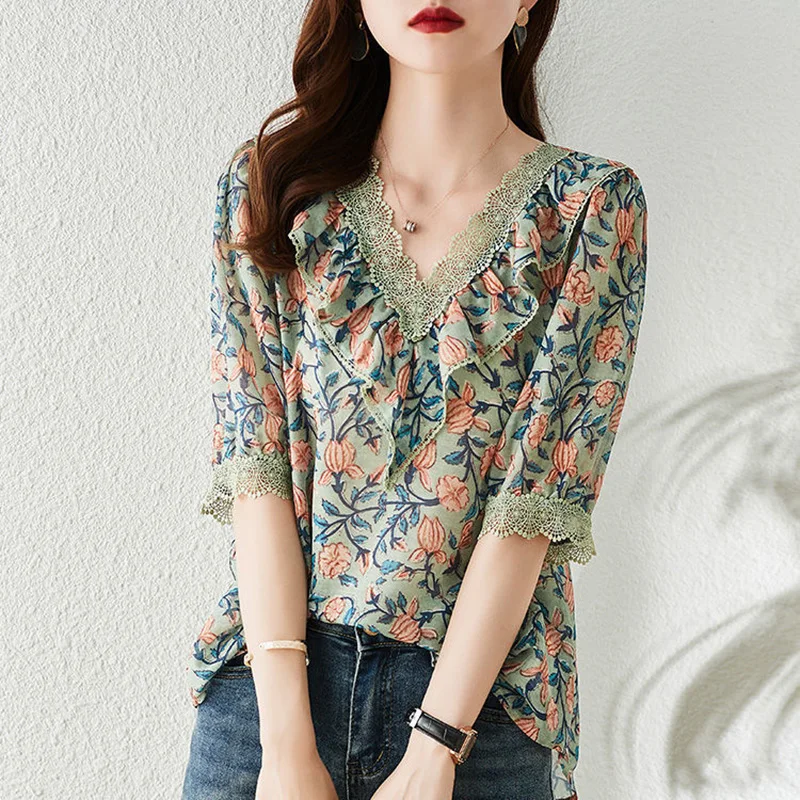 Elegant V-Neck Lace Printed Ruffles Puff Sleeve Oversized Chiffon Blouse Summer Casual Tops Loose Women\'s Clothing Commute Shirt