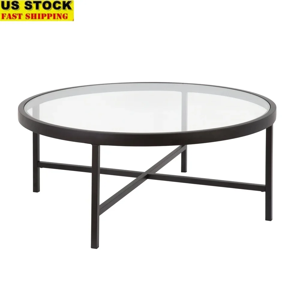 

Round Coffee Table Tempered Glass Top Blackened Bronze Steel Frame Easy Assembly Modern Living Room Furniture 36 Inches