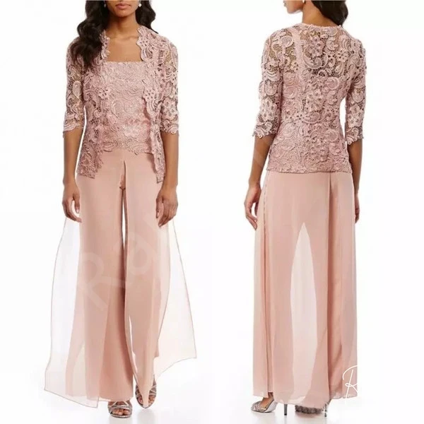 Customized Chic Blush Pink Three Piece Mother of the Bride Pant Suit Lace Jacket Chiffon Wedding Flowy Wide Leg Trousers Set