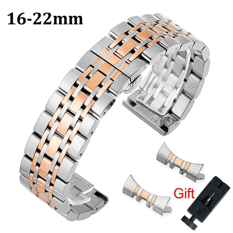 Curved Solid Stainless Steel Watch Band 16mm 18mm 19mm 20mm 21mm 22mm for TISSOT for Seiko Wristband Butterfly Buckle Straps