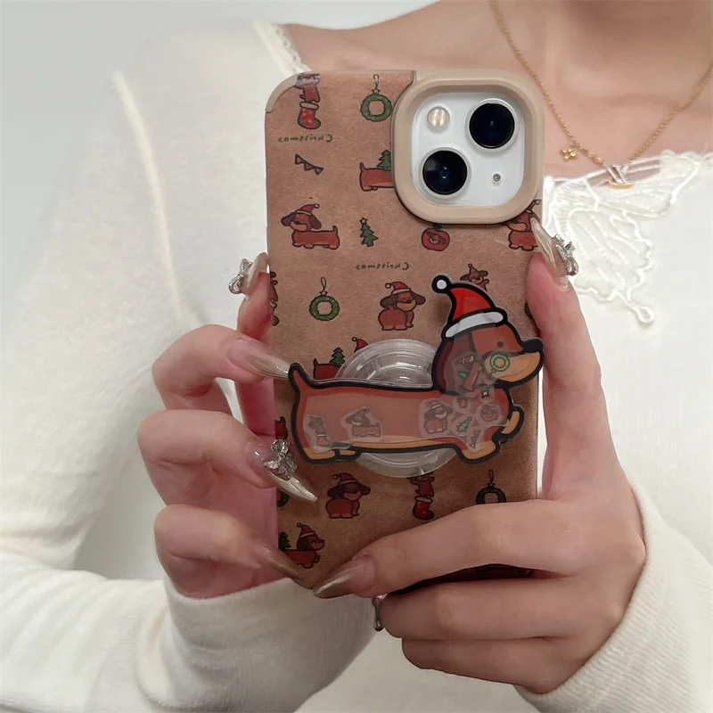 Cartoon Dog Christams Stand Phone Case For iPhone 16 Pro 14 12 13 Pro Max Cover with Holder Silicone Cases For Apple 15 Pro Capa