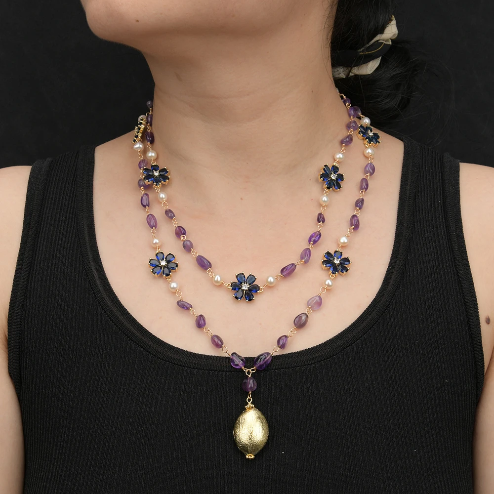 GG 20\'\' 2 Rows Natural White Pearl Purple Amethyst Blue Crystal Flower Crystal Paved Necklace Brushed Bead Pendant