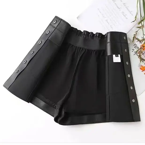 Single-Breasted Leather Shorts Women Autumn Winter New Elastic Waist Design Versatile Slimming Solid Color A-Line Short Culottes