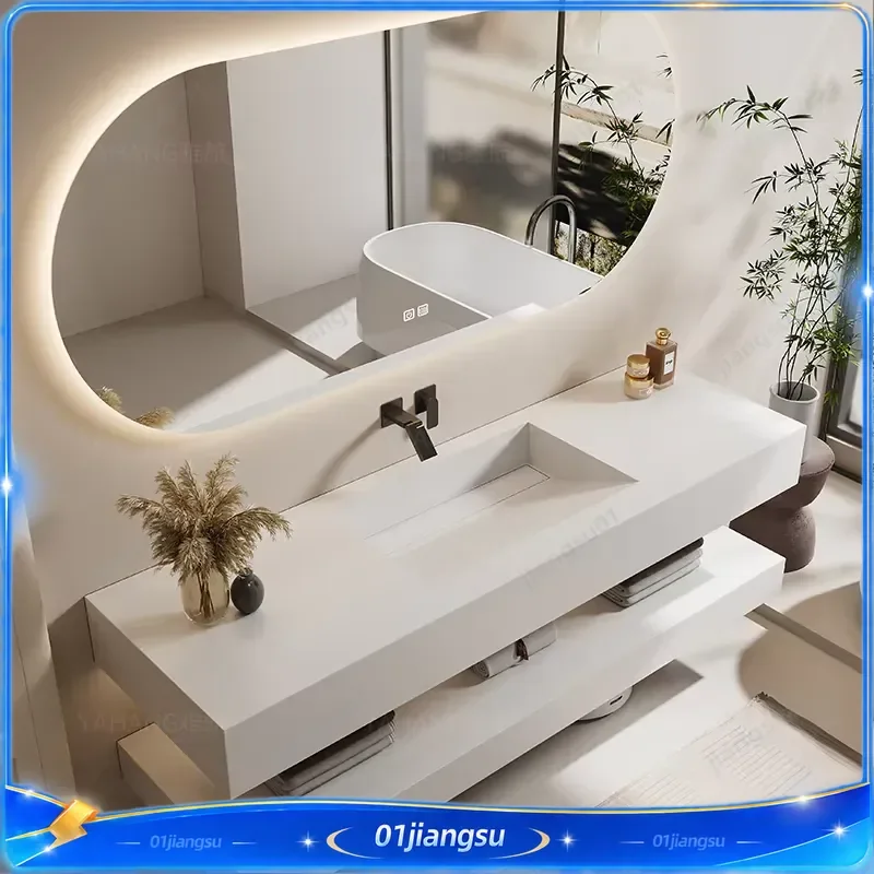 Modern Bathroom Vanity Set Custom Slanted Basin Integrated Stone Sink Single Dual Washbasin Cabinet Furniture Home Decor