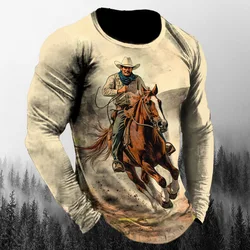 Vintage Westside Cowboy Print Autumn Men's O-Neck T-shirt Casual Long Sleeve Oversized T Shirts Fashion Tops Trend Men Clothing