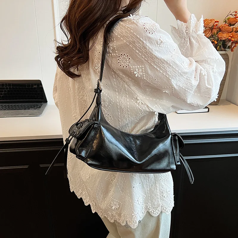 

Korean Style Trend Bow Motorcycle PU Hobos Bag Y2K Women Fashion Single Shoulder Bag Clutch Handbags for Travel Work Shopping